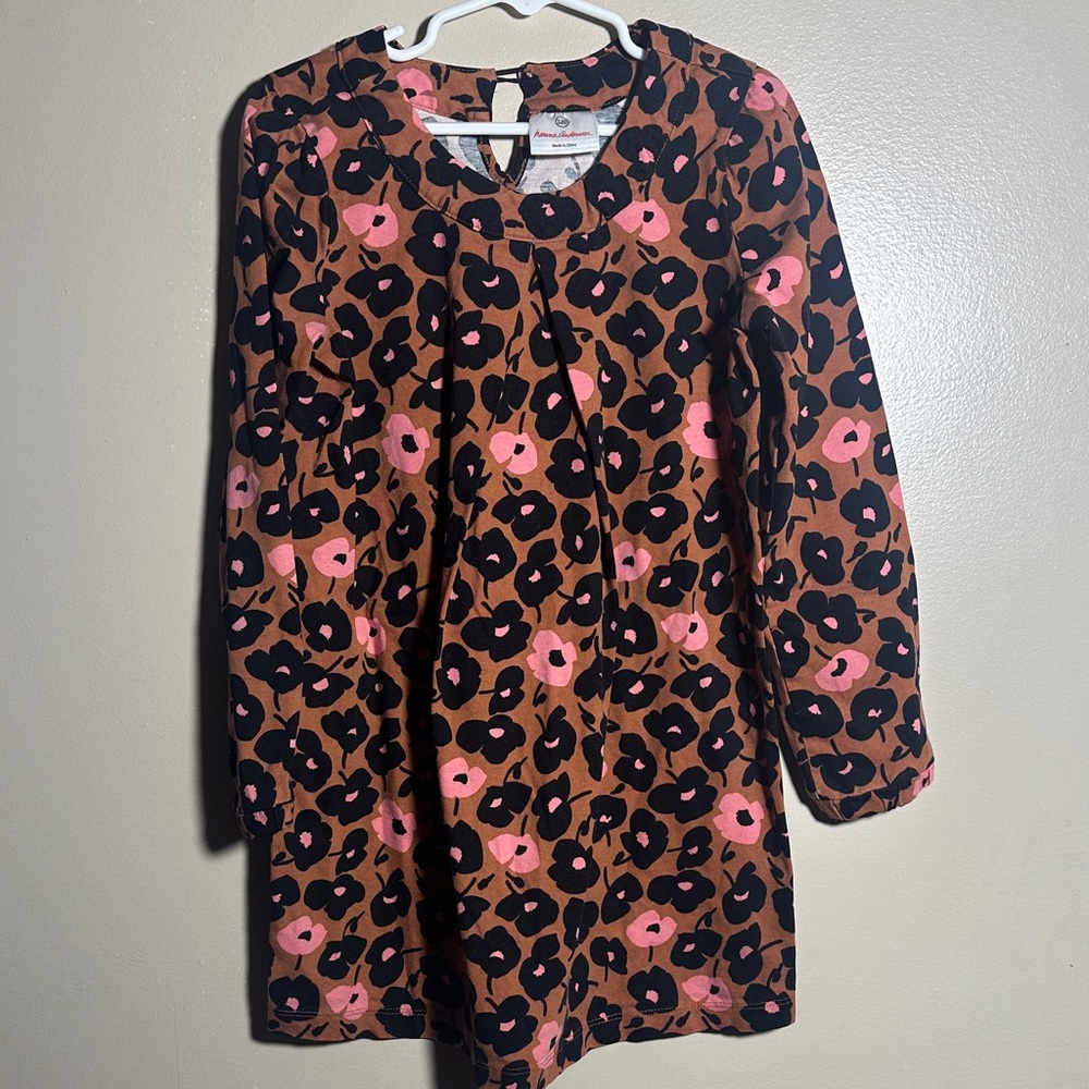 Hanna Andersson Girls Brown Pink Black Floral Long Sleeved Dress | 120